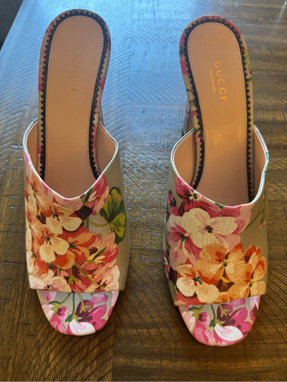 Gucci Floral Open-Toe Mules in Pink and Green